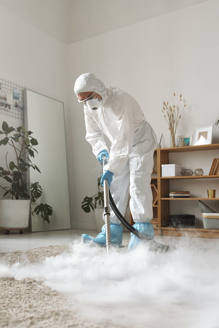 journey A person in protective gear disinfecting a carpet in a stylish living room, ensuring safety.