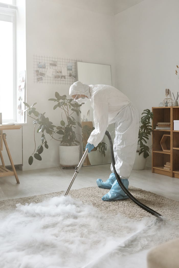 services-01 A person in full protective gear disinfects a carpet in a bright indoor space.