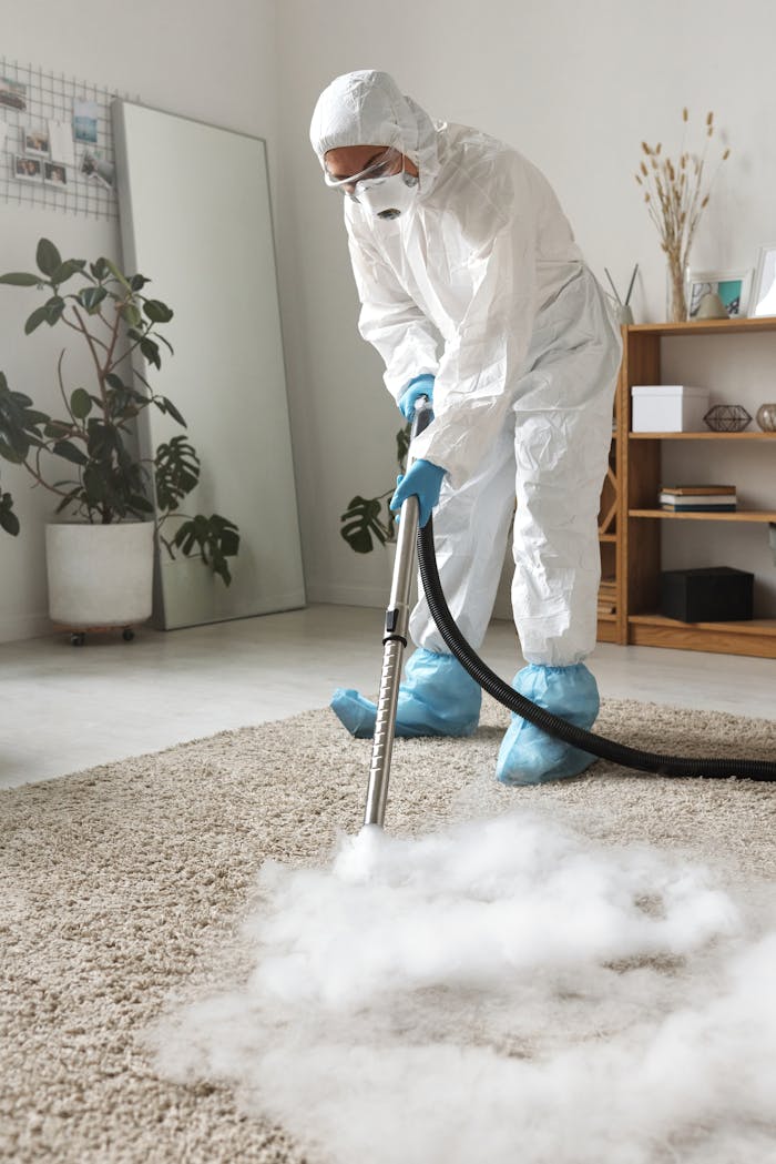 why-choose-us A person in protective gear disinfecting a carpet with a fumigation device indoors.